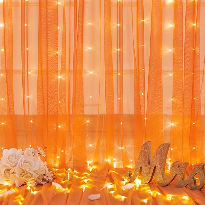 Orange Tulle Backdrop Curtain with Lights String for Parites 10x10ft Sheer Backdrop Curtains Drapes for Birthday Party Baby Shower Wedding Ceremony Prom Halloween Photo Booth Background Decorations