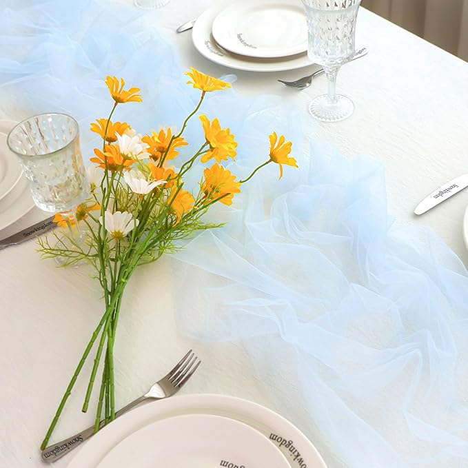 Snowkingdom Light Blue Cheesecloth Table Runner 10FT, Baby Blue Sheer Tulle Gauze Runner 120 Inch, Rustic Boho Party Table Decoration for Wedding Bridal Baby Shower Birthday Christmas Winter Holiday