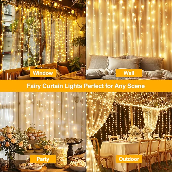 Fairy Curtain Lights Upgraded Tangle-Free Warm White USB Plug in 8 Modes String Hanging Lights with Remote for Christmas, Bedroom, Indoor, Outdoor, Weddings, Party (10FTx10FT)