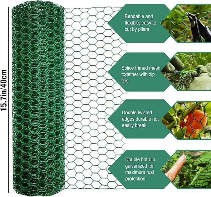 32.8FT x16Inch Plant Protectors from Animals - Wire Plant Protector Cages for Outdoor Plants, Free-Cut Metal Mesh Plant Covers Guards Fence, Chicken Wire Cloche with Ground Stakes,Zip Ties