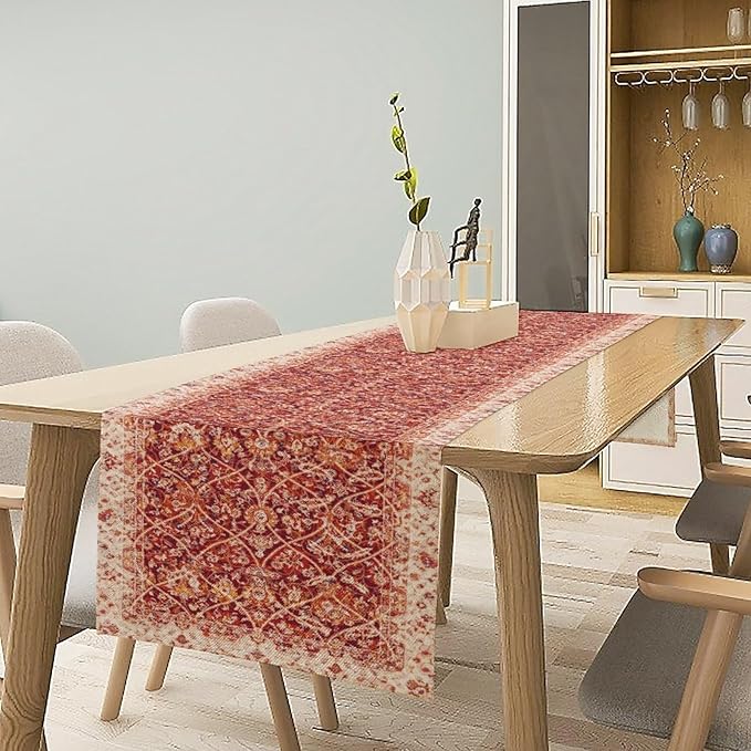Boho Floral Vintage Table Runner, Retro Red Flower Rustic Country Farmhouse Abstract Pattern for Home Kitchen Table Decor Dining Coffee Room Party Decor 13x60in