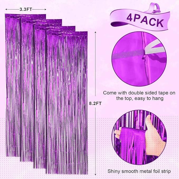 4 Pack Purple Foil Fringe Backdrop Curtains, Tinsel Streamers Birthday Party Decorations, Fringe Backdrop for Graduation, Baby Shower, Gender Reveal, Disco Party