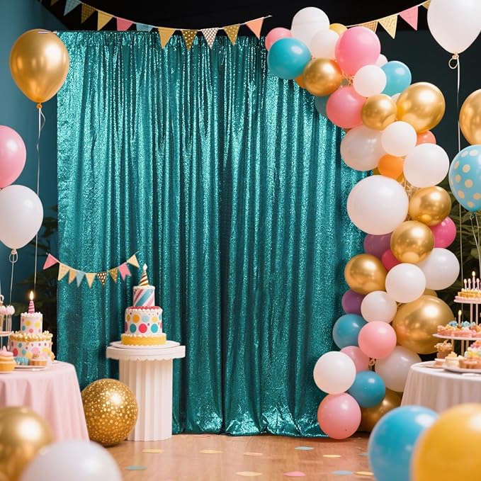 SquarePie Sequin Backdrop Curtain Not See Through Thick Glitter Background for Party 10FT x 10FT Teal