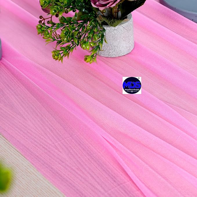 MDS 25 Pack 10ft Chiffon Table Runner 29 x 120 Inches Sheer Wedding Runner Romantic Rustic Table Runner for Wedding Decorations, Birthday Parties, Bridal Shower Party Arch Decor - Bubblegum Pink