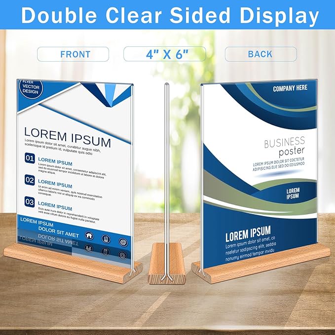 Kersally Acrylic Sign Holder 4 x 6, 4 Pack Double-Sided Clear Table Display Stands with Wood Base,Vertical Acrylic Frame Menu Flyer Paper Holder for Stores, Restaurants, Hotels, Office, Show Fair