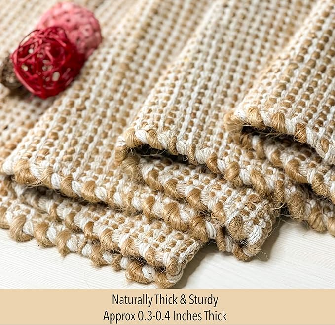 Chardin home Natural Jute Table Runner 13x36 Inch – Vintage Boho Rustic Table Decor – Handwoven Table Runner in Natural Jute and Ivory – Farmhouse Dining or Console Table Accent