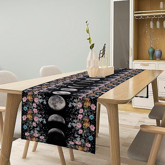 Boho Floral Moon Table Runner, Spring Flower Leaves Mystical Gothic Sun Moon Table Runner for Kitchen Dining Table Home Party,13x60 Inch Purple