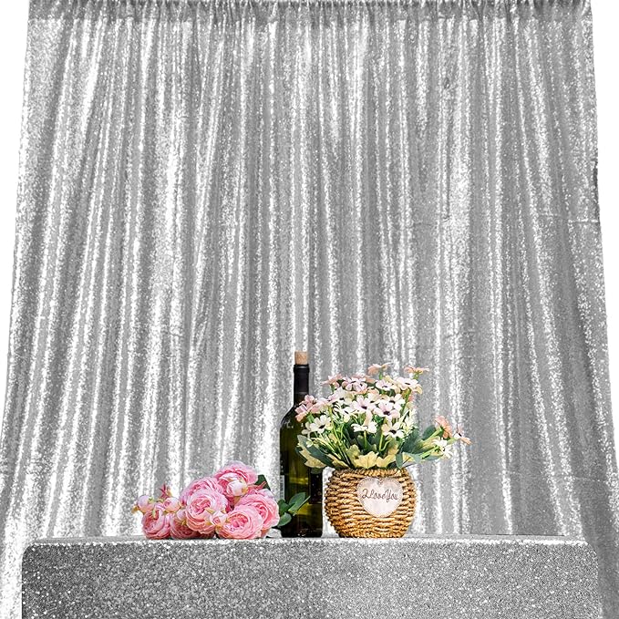 JYFLZQ Silver Sequin Backdrop Curtains 8ft x 8ft 1 Panel Glitter Photo Booth Backdrops Sparkly Photography Background Drapes for Parties Wedding Bridal Showers
