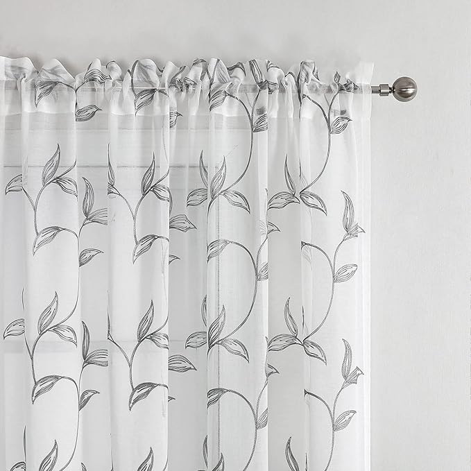 VISIONTEX Sheer Curtains 108 Inch Length 2 Panels, Decor Iron Grey Vine Leaves Embroidery on White Voile Pair, Accent Semi Window Drapes for Kitchen, Living Room and Bedroom, 54" W x 108" L