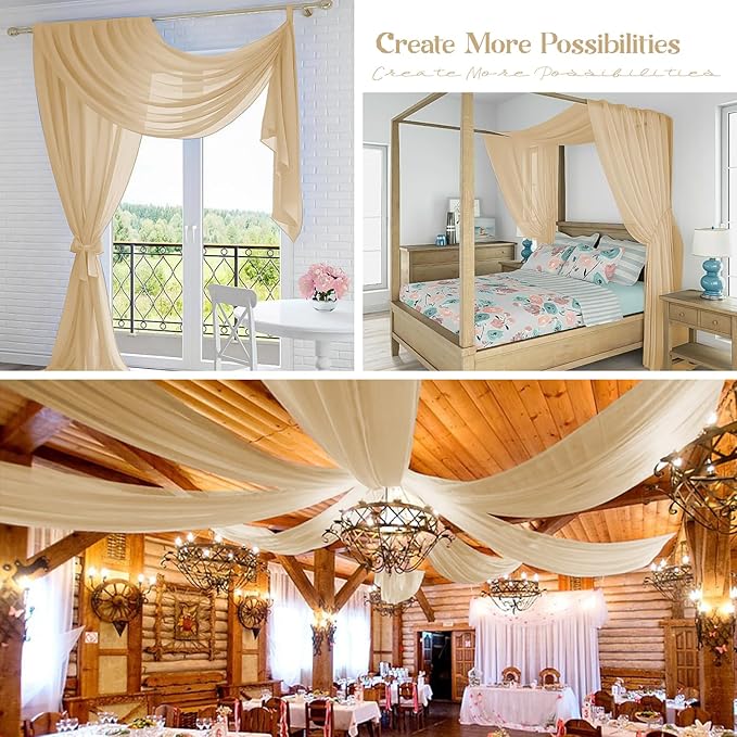4 Panels Beige Cheesecloth Draping Fabric 35" x 20FT Gauze Fabric Arch Drapes for Wedding Reception Sheer Backdrop Photo Background Household Curtain or Outdoor Curtain