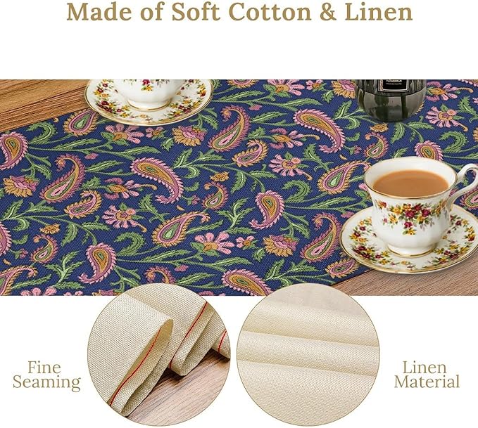 Colorful Paisley Floral Table Runner, Vintage Pink Purple Flowers Green Plants Leaves Print Table Runner for Kitchen Dining Table Indoor Outdoor Home Party, 13x60inch