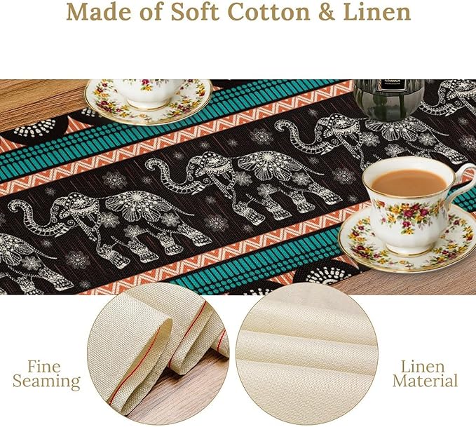 Boho Elephant Table Runner, Vintage Tribal Traditional Bohemian African Animals Ethnic Folk Table Center Decor for Home Kitchen Dining Patio Holiday Party Indoor Table Decorations, 13"x90" Inch