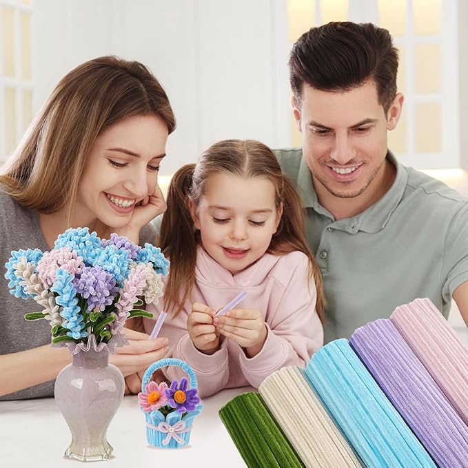 400 Pcs Soft Craft Pipe Cleaners Flowers,5 Colors Chenille Stems Bulk with Floral Wires, Gardening Tape,Greeting Card,Bouquet Paper,Hot Glue Stick,Pearl & Ribbon,Ideals for Various Types Decor