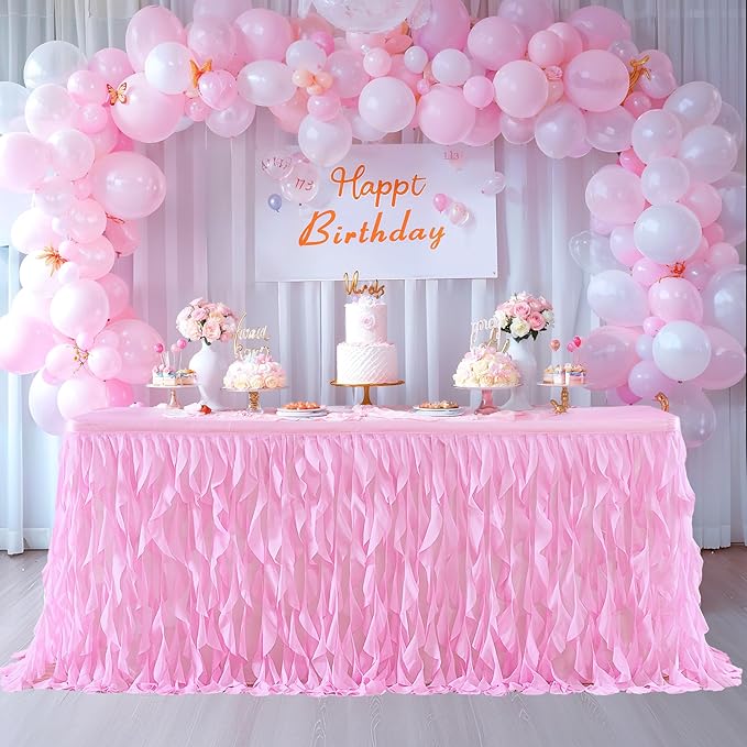 PARTISKY Pink Tulle Curly Willow Table Skirt for Rectangle Table 14ft, Ruffle Tutu Table Cloth for Girls Baby Shower,Birthday Party Candy Cake Tables