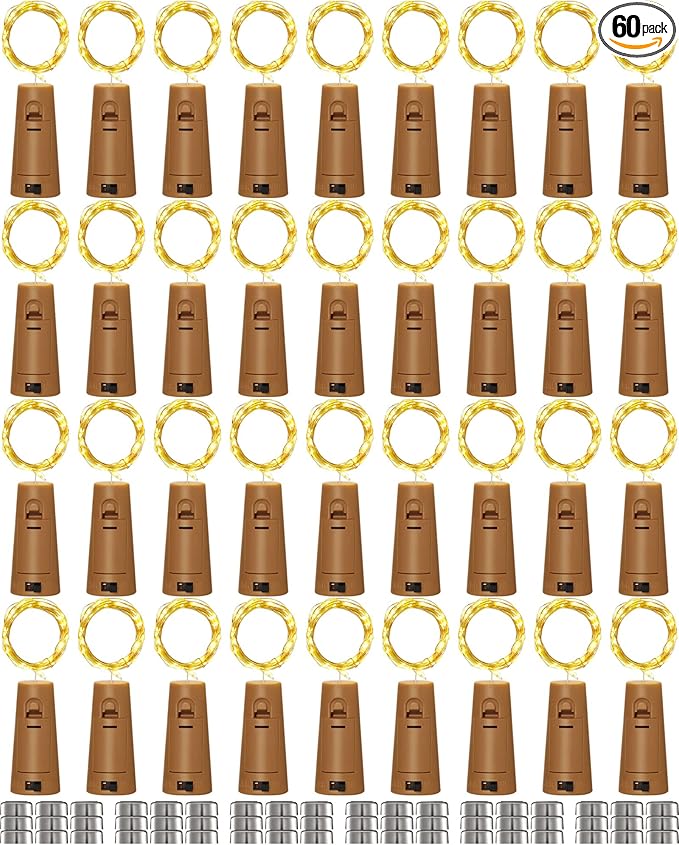 Hortsun 60 Pack Wine Bottle Lights with Cork Fairy Mini String Lights Battery Operated Mini Waterproof 7 ft Silver Wire 20 Led Cork Shape for Christmas, DIY, Party, Decor, Wedding, Bar(Warm White)
