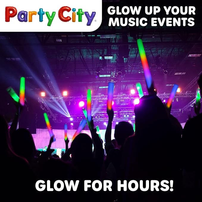 Party City 12pk LED Foam Glow Sticks 14”- Glow in the Dark Party Supplies Favors, Colorful Flashing Wand with 3 Modes, Foam Light Up Sticks Bulk Party Pack for Wedding, Birthday, Concert, Halloween