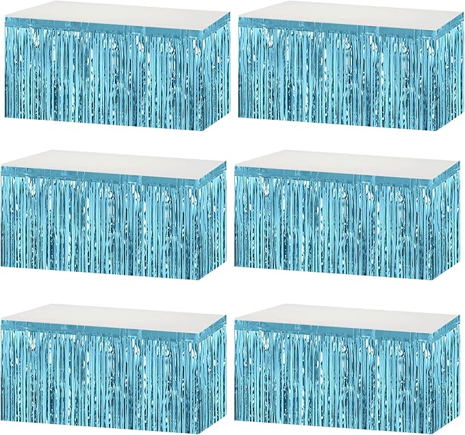 6 Pack 29x108 Inch Metallic Foil Fringe Tinsel Table Skirts Banner for Rectangle Tables Streamer Garland Backdrop for Wedding, Birthday, Parade Floats, Halloween Party Decoration(Light Blue)