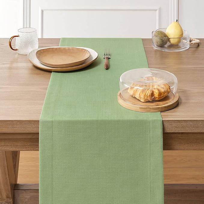 ZeeMart Linen Textured Border Table Runner, 14 x 108 Inch Green, Farmhouse Style Sage Green Table Runners 108 Inches Long, Easy Care Everyday Polyester Table Runner