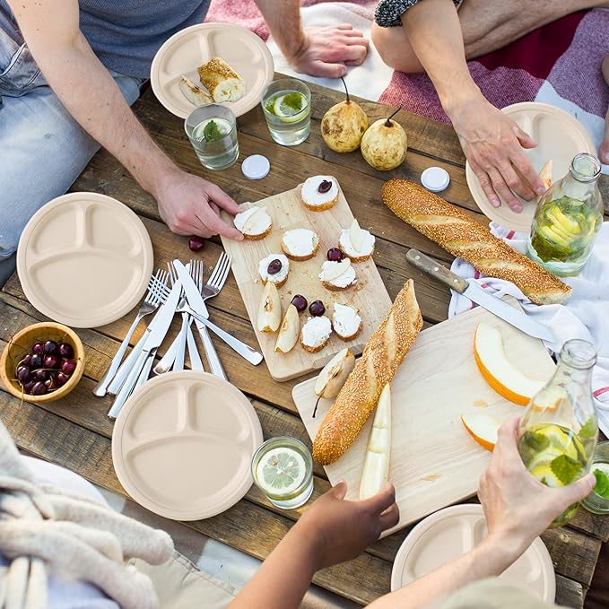 ECOLipak 125 Pack 3 Compartment Plates Disposable, 10 inch Heavy-Duty Compostable Paper Plates Made of Eco-Friendly Sugar Cane Fibers