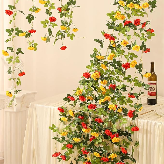 Floweroyal 2 Pack Artificial Flower Garlands 15.8FT Fake Rose Vines Silk Flowers Hanging Rose Ivy for Wedding Arch Party Home Garden Wall Decor (Orange Yellow)