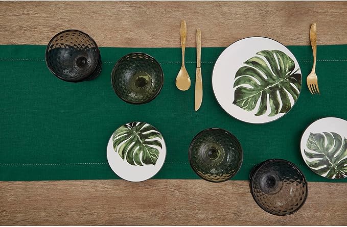 Solino Home Linen Table Runner 108 Inches Long - 100% Pure Linen Rainforest Green Table Runner 14 x 108 Inch for Fall, Autumn, Thanksgiving, Christmas - Classic Hemstitch