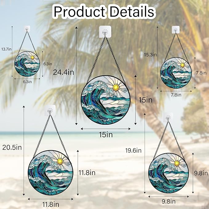 Stained Glass Window Hanging - Blue Green Waves Suncatcher for Door Terrace Garden Home Decor Sunrise Over The Sea Sun Catcher Birthday Gifts for Lovers Women Men Dad Mom Nana 11.8 in
