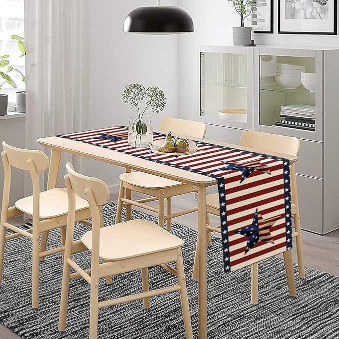 4th of July Table Runner, Patriotic Independence Day American Stars Stripes Flag Print Table Runner for Farmhouse Kitchen Dining Holiday Birthday Party, 13x36inch
