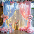 Pink and Blue Backdrop Curtains with Lights String for Baby Shower Sheer Tulle Backdrop Curtain for Gender Reveal Birthday Party Bridal Shower Photo Shoot Background Decorations 2 Panels 5×10ft