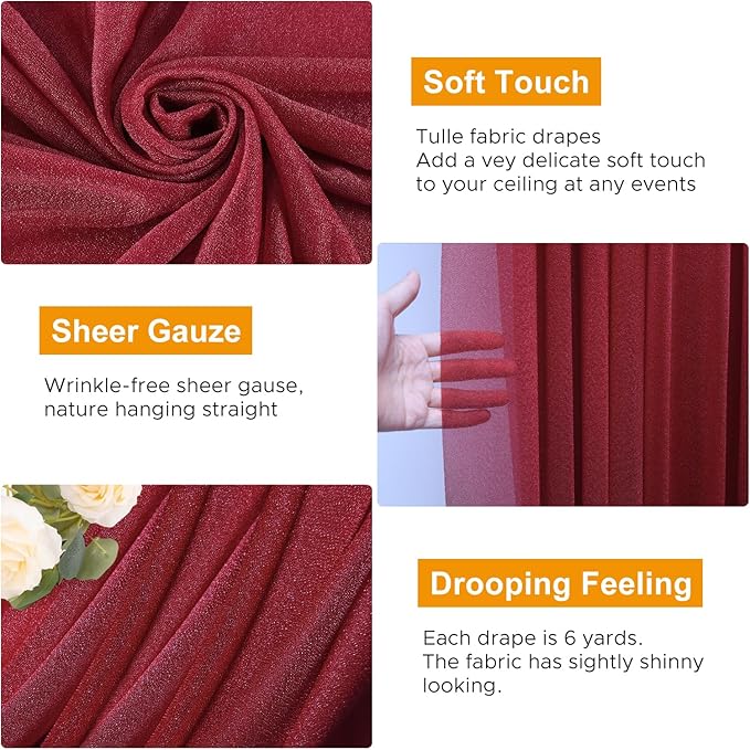 Wedding Arch Draping Fabric 6 Panels 28.7" x 20FT Burgundy Sheer Chiffon Backdrop Drapes for Wedding Ceremony Birthday Party Bridal Shower Outdoor Decoration