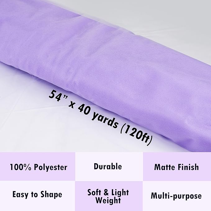 Craft And Party, Lavender Fabric Tulle Roll 54 Inch by 40 Yards (120 ft) Fabric Tulle Bolt for DIY Tutu Skirt, Wedding and Decoration (Lavender)