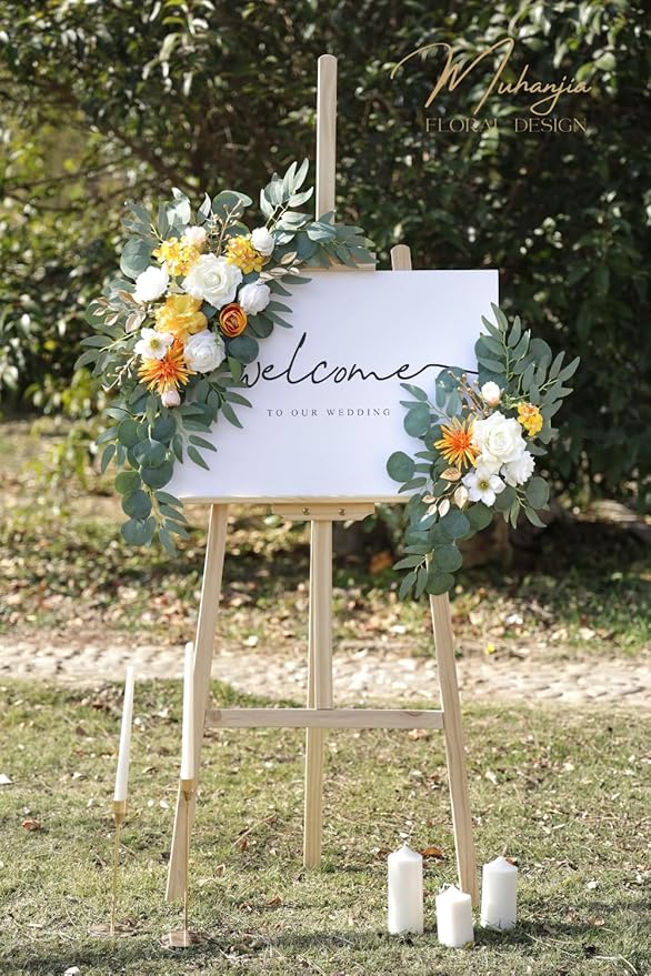 Wedding Sign Faux Flower Swag (Pack of 2) for Ceremony Party Reception Entrance Floral Decor Wall Easel Stand for Wedding Poster Welcome Sign (Bright Yellow)