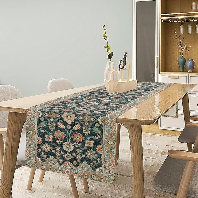 Vintage Boho Floral Table Runner, Rustic Country Farmhouse Blue Teal Red Bohemia Flower Pattern for Home Kitchen Table Decor Dining Coffee Room Party Decor 13x60in
