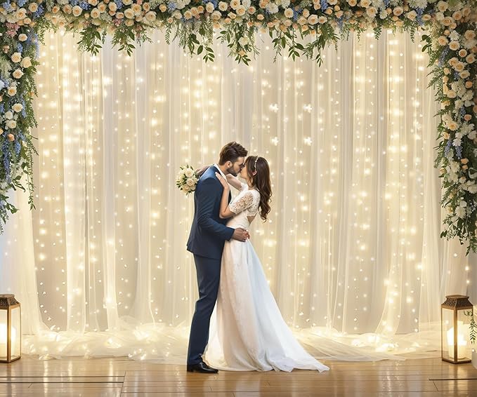 20ft x 10ft Ivory Tulle Photo Backdrop Curtain with Lights String for Parties Wedding Sheer Ivory Curtain Backdrop for Birthday Party Bridal Shower Photo Booth Photography Background Decorations