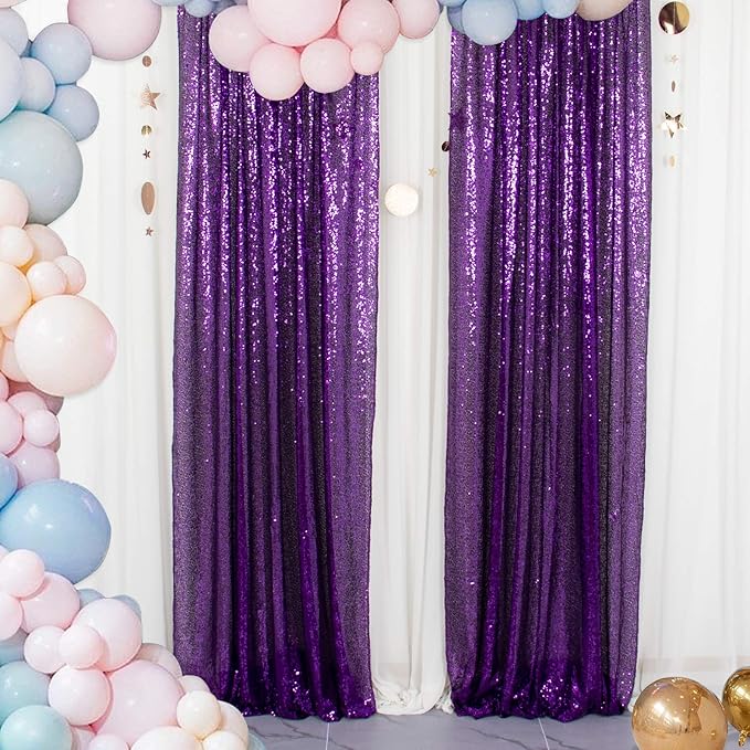 ShinyBeauty 4 Panels Purple Sequin Curtains | 2Ft x 8Ft Sparkle Photo Backdrop | Shimmer Background for Parties & Events | Mermaid Theme | Durable & Elegant Fabric Backdrop