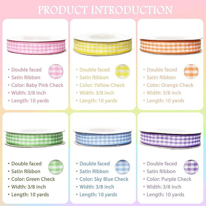 3/8" 6 Colors X 10 Yards Light Rainbow Check Satin Ribbon,60 Yards Assorted Colors Satin Ribbons for Flower Bouquet,Ribbons for Gift Wrapping Happy Birthday Party Decorations