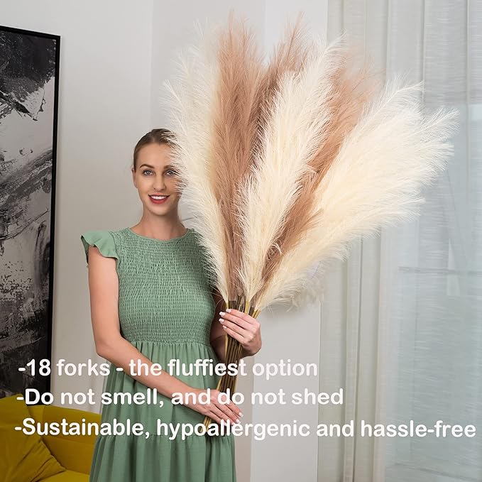 EVODIS Faux Pampas Grass 8 Stems, Artificial Pampas Grass - 43 inch Extra Large Pompass Grass Tall Pompous Boho Flower Arrangement and Floor Vase Filler Home Decor for Room Wedding Party