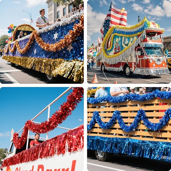 6 Pack Red Total 60 Feet Foil Fringe Garland Metallic Tinsel Banner Wall Hanging Drapes Parade Float Skirting Decorations for Trailer Mardi Gras Party Birthday Wedding (Red)