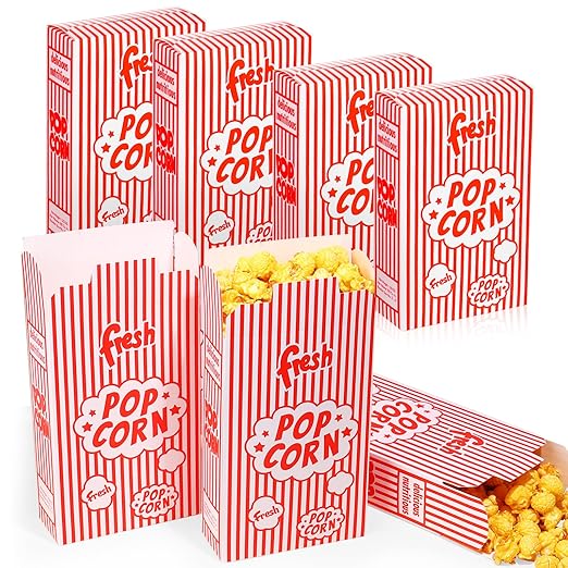Dualshine 200 Pack Popcorn Boxes,1.25 oz Paper Popcorn Containers,Red and White Striped Close-Top Cardboard Pop Corners Bags Individual Servings for Theater Night Movie,Party,Christmas
