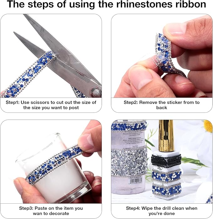 Self Adhesive Rhinestone Ribbon Diamond Ribbon Sticker Crystal Roll Glitter Bling Rhinestones Tape for Crafting DIY Art Decoration (Silver and Blue, 0.4 Inches*3 Yards)