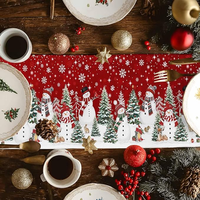 Christmas Snowman Cotton Linen Table Runner for Dining Kitchen, Xmas Tree White Snowflakes Winter Wedding Outdoor Party Tablerunners Decoration, Dresser Scarf Coffee Tablecloth Runners 13x120 Inches