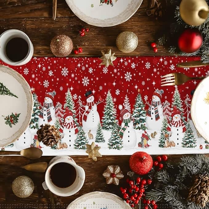 Christmas Snowman Cotton Linen Table Runner for Dining Kitchen, Xmas Tree White Snowflakes Winter Wedding Outdoor Party Tablerunners Decoration, Dresser Scarf Coffee Tablecloth Runners 13x108 Inches