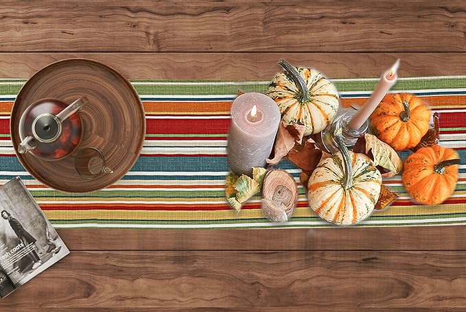 Ruvanti 100% Cotton Table Runner 36 Inches Long, Non-Slip, Stain Resistant, Washable & Reusable Table Runners Perfect for Wedding, Parties, Christmas, Holiday, in-Door use - Multi Stripe