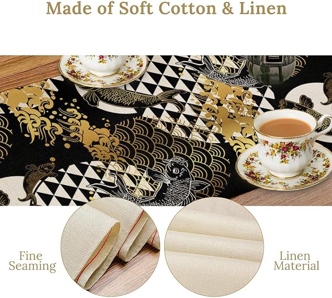 Japanese Table Runner Oriental Tradition Kio Fish Gold Art Printed Burlap Runner Home Kitchen Dining Table Living Room Decor Fabric 1 Panel W13xL60in