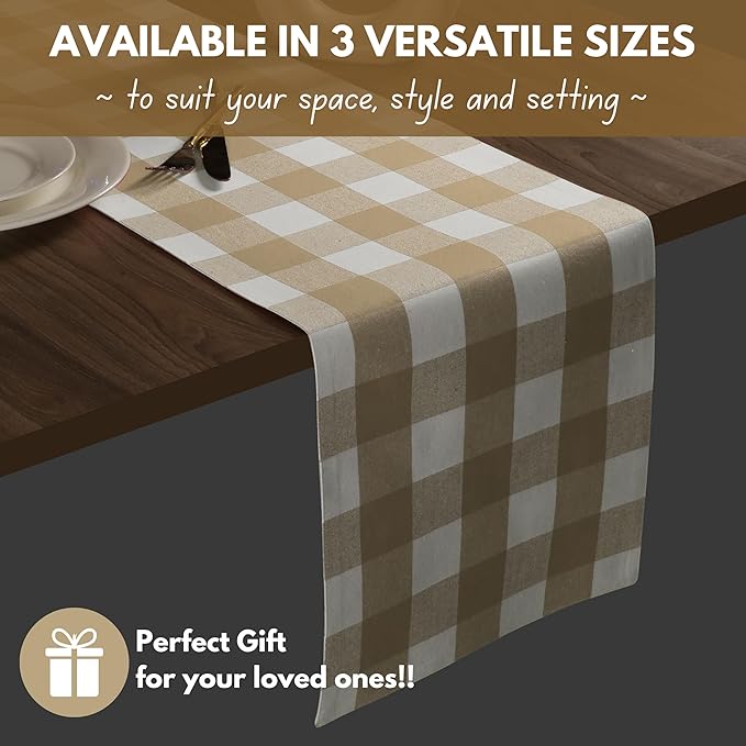 Native Fab Buffalo Check Table Runner 100% Cotton - 13x72 Inches Plaid Dining Table Decoration for Indoor Outdoor Farmhouse Home Party Decor - Beige and White