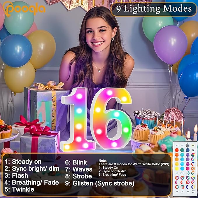 Pooqla 13th Birthday Decorations for Girls Boys, 35 Colors LED Light Up Numbers with Remote, Multicolor Marquee Numbers 13 Sign for Party Wedding Anniversary Decor 13th Birthday Gift, Number 13