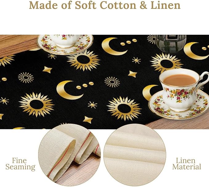 Magic Gold Sun Moon Stars Table Runner Mystical Farmhouse Rustic TableRunner for Party Holiday Dining Room Kitchen 13x108 Inch