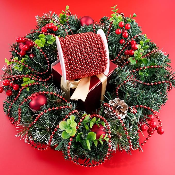 Faux Red Pearl Beads Garland - 6mm Christmas Tree Beads 22 Yards Red Pearl Strands Spool Pearl String Bead Roll for Wedding Party Christmas Tree Decoration