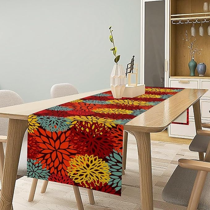 Red Yellow Dahlia Table Runner, Seasonal Autumn Thanksgiving Pattern Print for Home Kitchen Table Decor Dining Coffee Room Party Decor 13x36 Inch