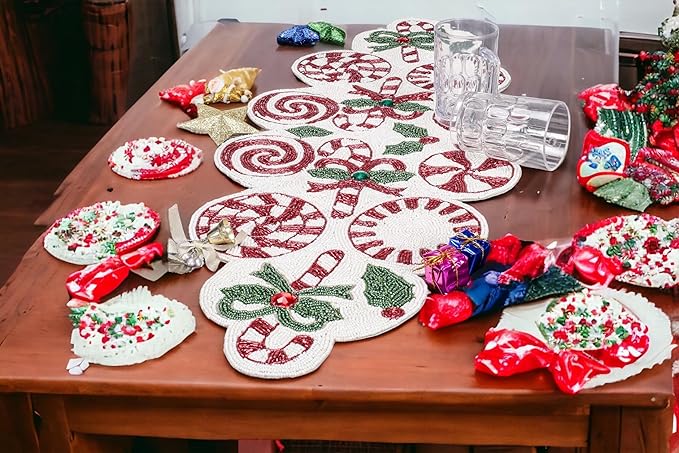 CLEENTABLE Handcrafted Beaded Table Runner – 36"x13" Art Deco Home Decor & Luxury Dinner Table Centerpiece in Vibrant Cherry Reddish with 85% Glass Beads, Durable Polyester Backing
