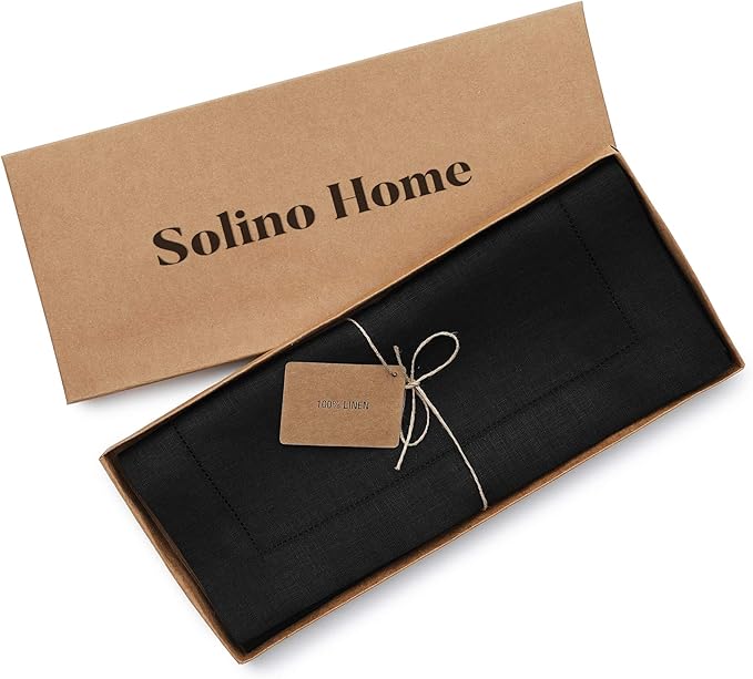 Solino Home Linen Black Table Runner 36 Inches - Classic Hemstitch, 100% Pure Linen Coffee Table Runner 14 x 36 Inch Ideal for Dresser Tables - Fall, Autumn, Halloween, Thanksgiving, Holiday